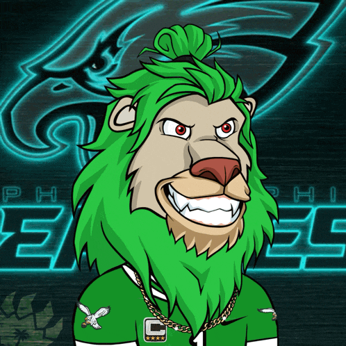 a cartoon of a lion wearing a green jersey with the philadelphia eagles logo behind him