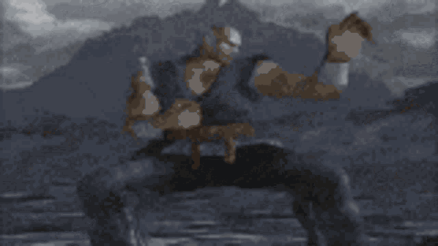 a pixelated image of a man in a blue shirt and a brown belt