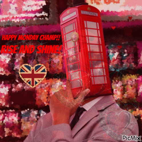 a man is holding a red telephone booth in front of his head