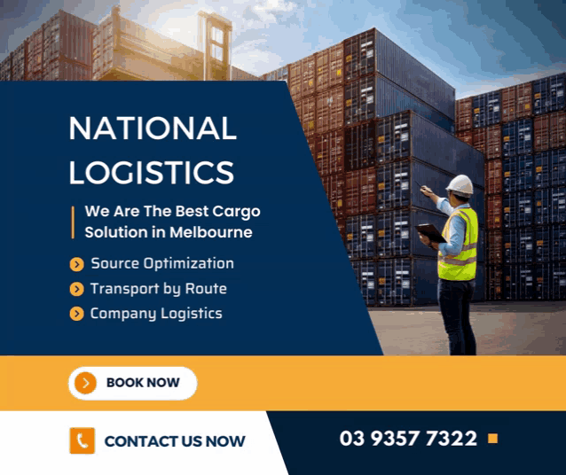 an advertisement for national logistics shows a man standing in front of stacks of shipping containers