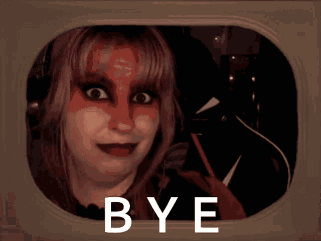 a picture of a woman with red paint on her face and the words bye below her
