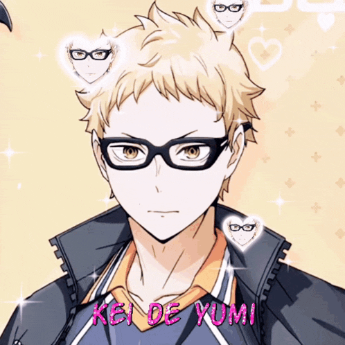 a boy with glasses and the name kei de yumi on the bottom