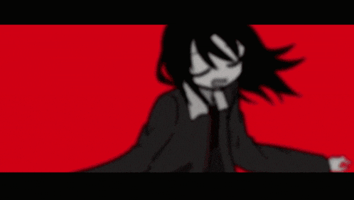 a cartoon of a girl with red eyes and black hair