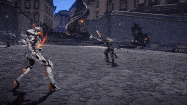 a man is holding a sword in a video game while another man is holding a shield .