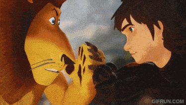 a cartoon of a man and a lion with gifrun.com at the bottom of the image