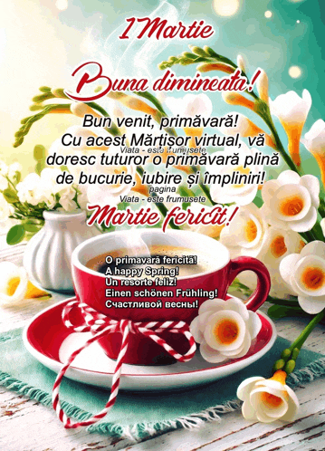 a cup of coffee sits on a saucer with flowers and a greeting in another language