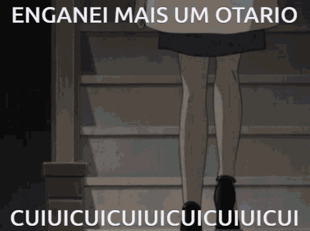 a cartoon of a girl walking down stairs with the words enganei mais um otario on the bottom