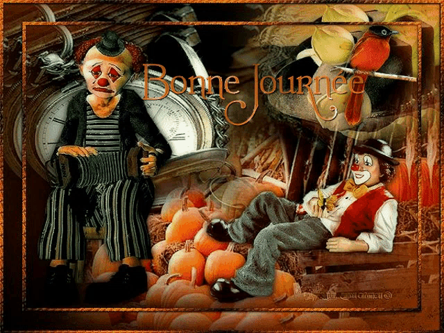 a picture of two clowns with the words bonne journee on the bottom