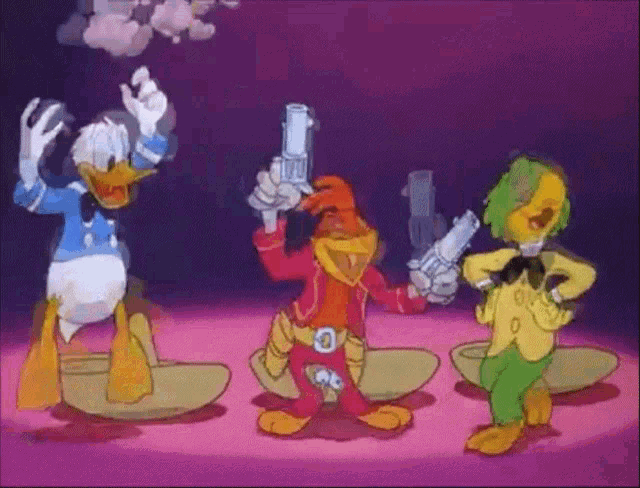 donald duck and woody woodpecker are dancing with guns in their hands