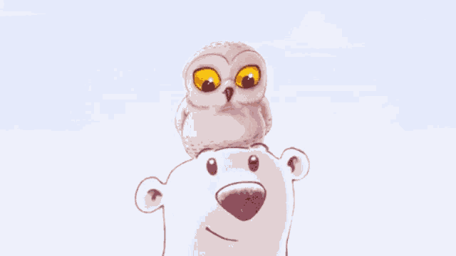 a polar bear with an owl on top of it