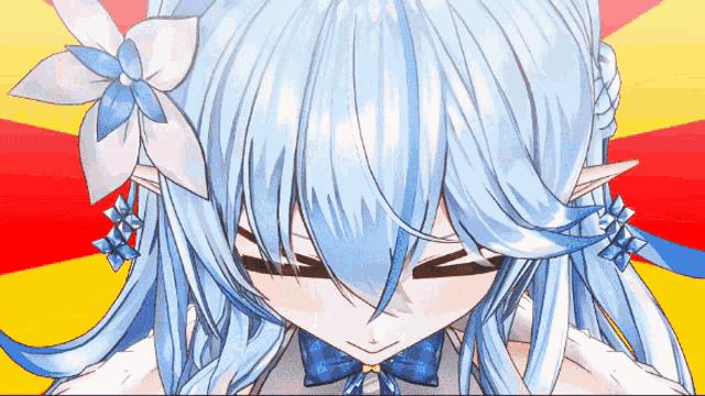 a close up of a anime character with blue hair