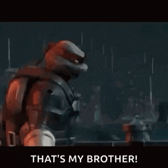 a teenage mutant ninja turtle is standing in the rain and says `` that 's my brother ! ''