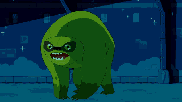 a green monster with blood dripping from its mouth stands in a dark room