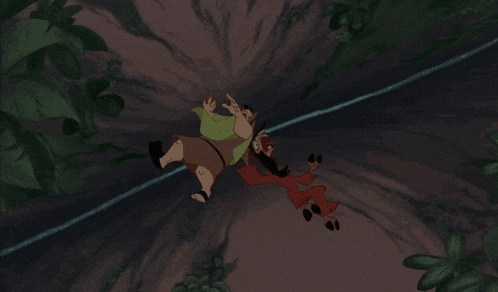 a cartoon of a man hanging from a rope in the woods