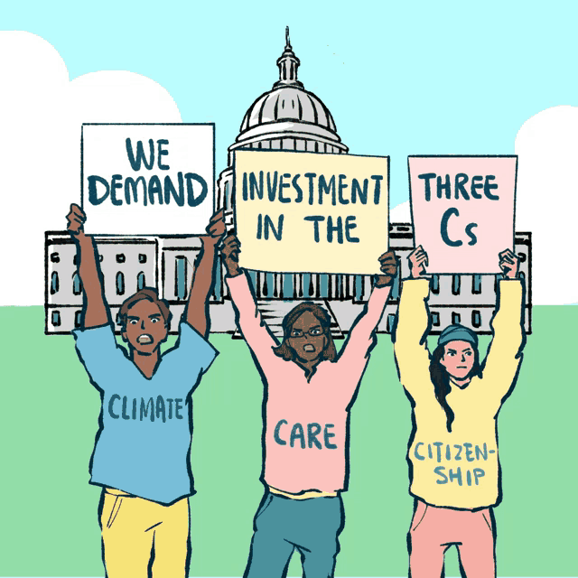 a group of people are holding up signs that say we demand investment in the care and three cs