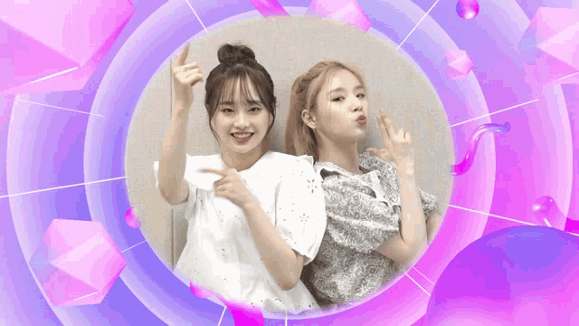 two girls are standing next to each other in a circle and one is making a funny face
