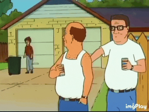 a cartoon of two men standing in front of a garage with a boy standing in the background