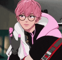 a cartoon character with pink hair and glasses is holding a towel and a cell phone .