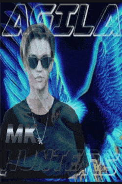 a man wearing sunglasses stands in front of a blue background that says mk hunter