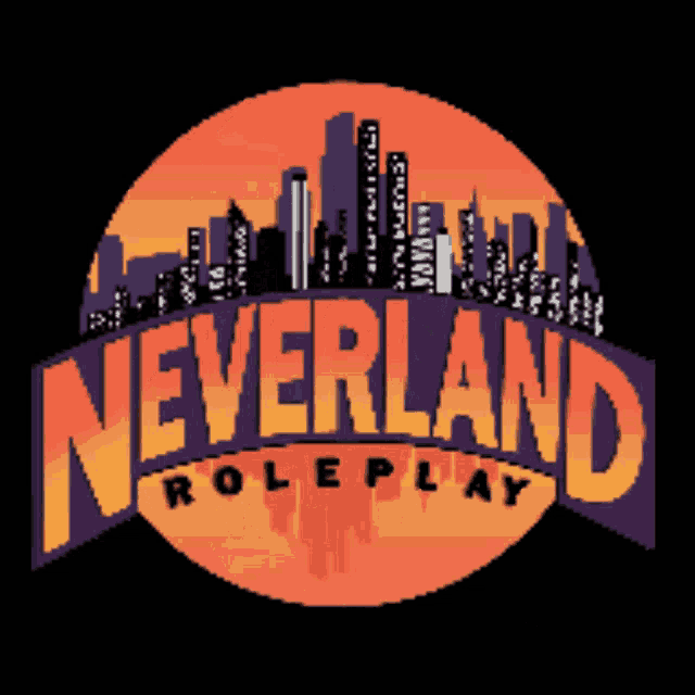a logo for neverland roleplay has a city skyline in the background