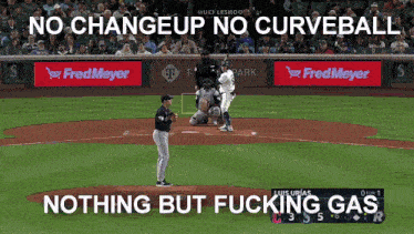 a baseball game is being played with the words no changeup no curveball nothing but fucking gas on the bottom