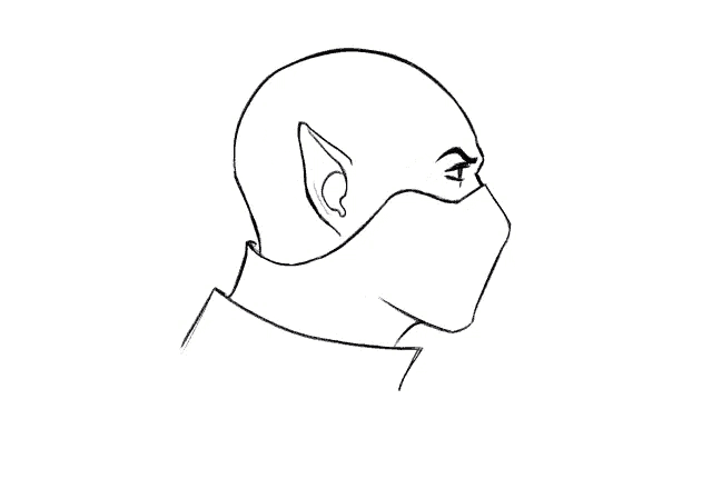 a black and white drawing of a man wearing a mask and purple eyes .