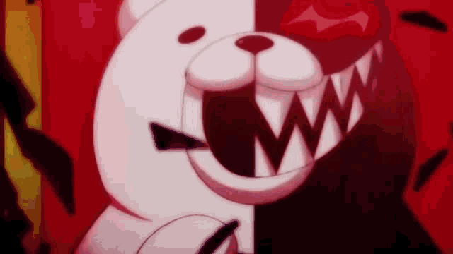a white and black teddy bear with sharp teeth is smiling on a red background .