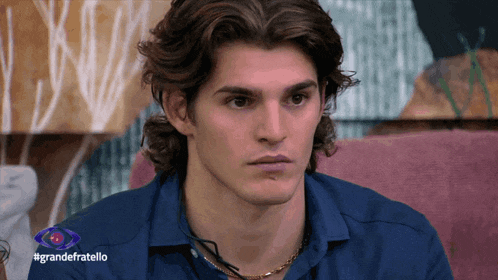 a man in a blue shirt with the hashtag grandefratello on the bottom
