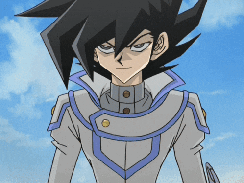 a cartoon character with black hair and a white and blue jacket