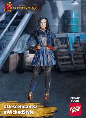 a poster for descendants 2 shows a girl in a denim dress
