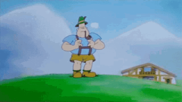 a cartoon of a man standing on a grassy hill with a house in the background