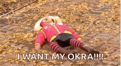 a child is laying on the ground covered in leaves with the words `` i want my okra ! ''