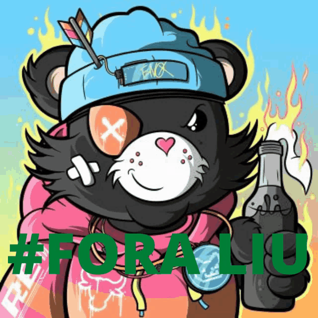 a cartoon of a teddy bear holding a bottle with the hashtag #foralio on it