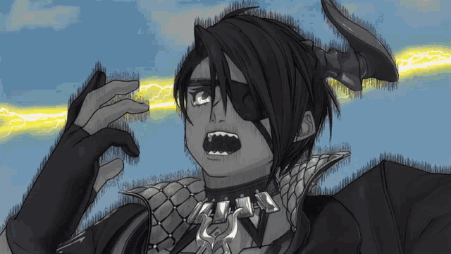 a black and white drawing of a man with horns and a lightning bolt behind him