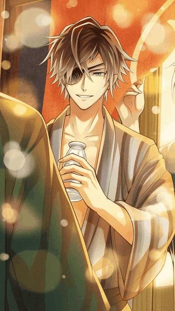 a man in a kimono is holding a small bottle