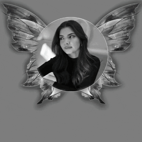 a black and white photo of a woman with wings and the words milagros on the bottom