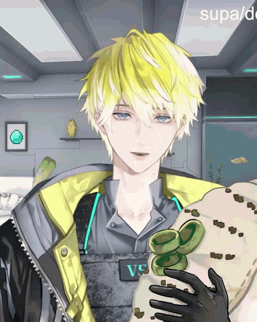a man with yellow hair is holding a piece of food with the word supa / d below him