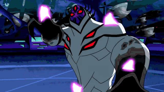 a cartoon character with red eyes and purple glowing lights