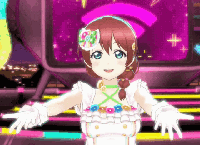 a girl with a flower in her hair is wearing a white dress and white gloves