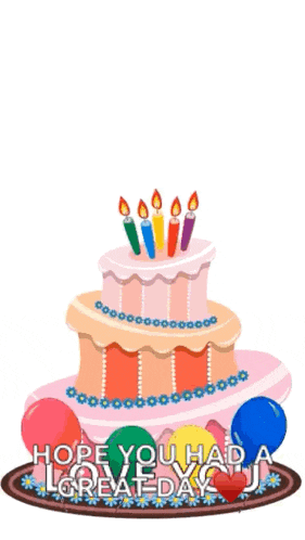 a pink birthday cake with candles and balloons and the words hope you had a great day