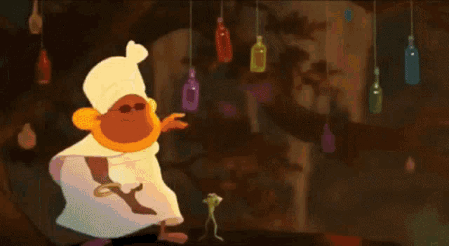 a cartoon character with a frog hanging from his head covering his eyes