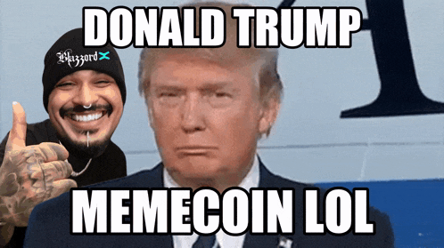 donald trump memecoin lol is displayed next to a man