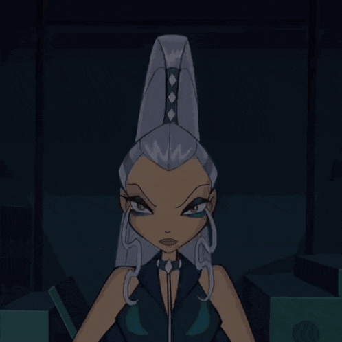 a cartoon character with a very long gray hair and a diamond in her hair