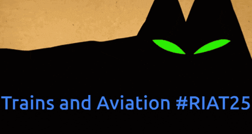 a poster for trains and aviation # riat25 with a black cat