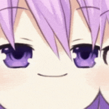 a close up of a purple haired anime girl 's face with purple eyes .
