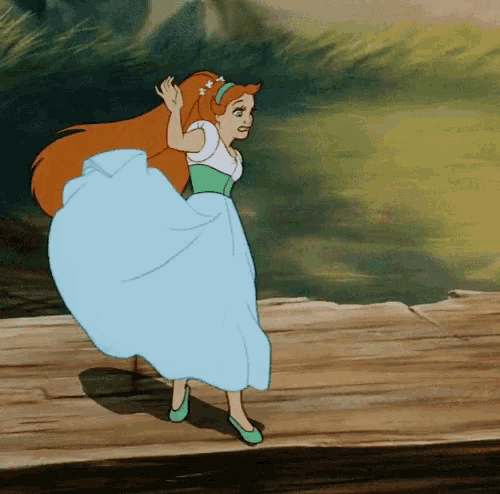 a cartoon of a girl in a blue dress dancing