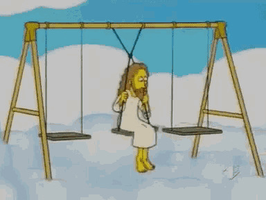 a cartoon of jesus swinging on a swing set in heaven