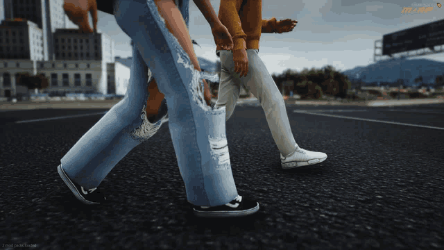 a screenshot of a video game shows a few people walking down a street