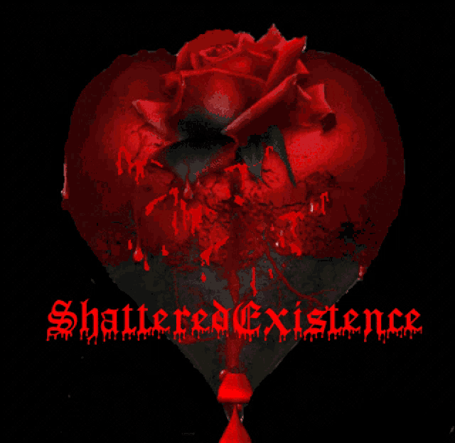 a broken heart with a red rose and the words shattered existence