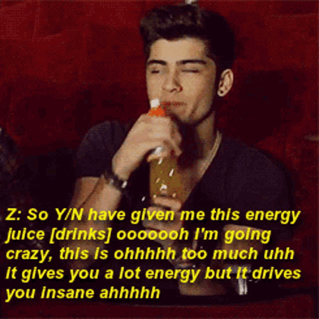 a man drinking a bottle of orange juice with the words z so y/n have given me this energy juice drinks